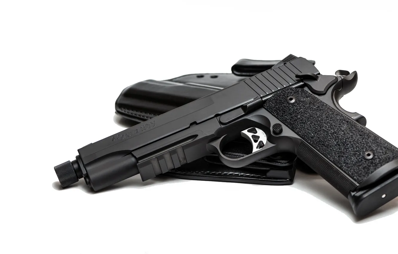 Фото обои пистолет, тюнинг, белый фон, кобура, 1911, threaded barrel, TACOPS, SIG SAUER