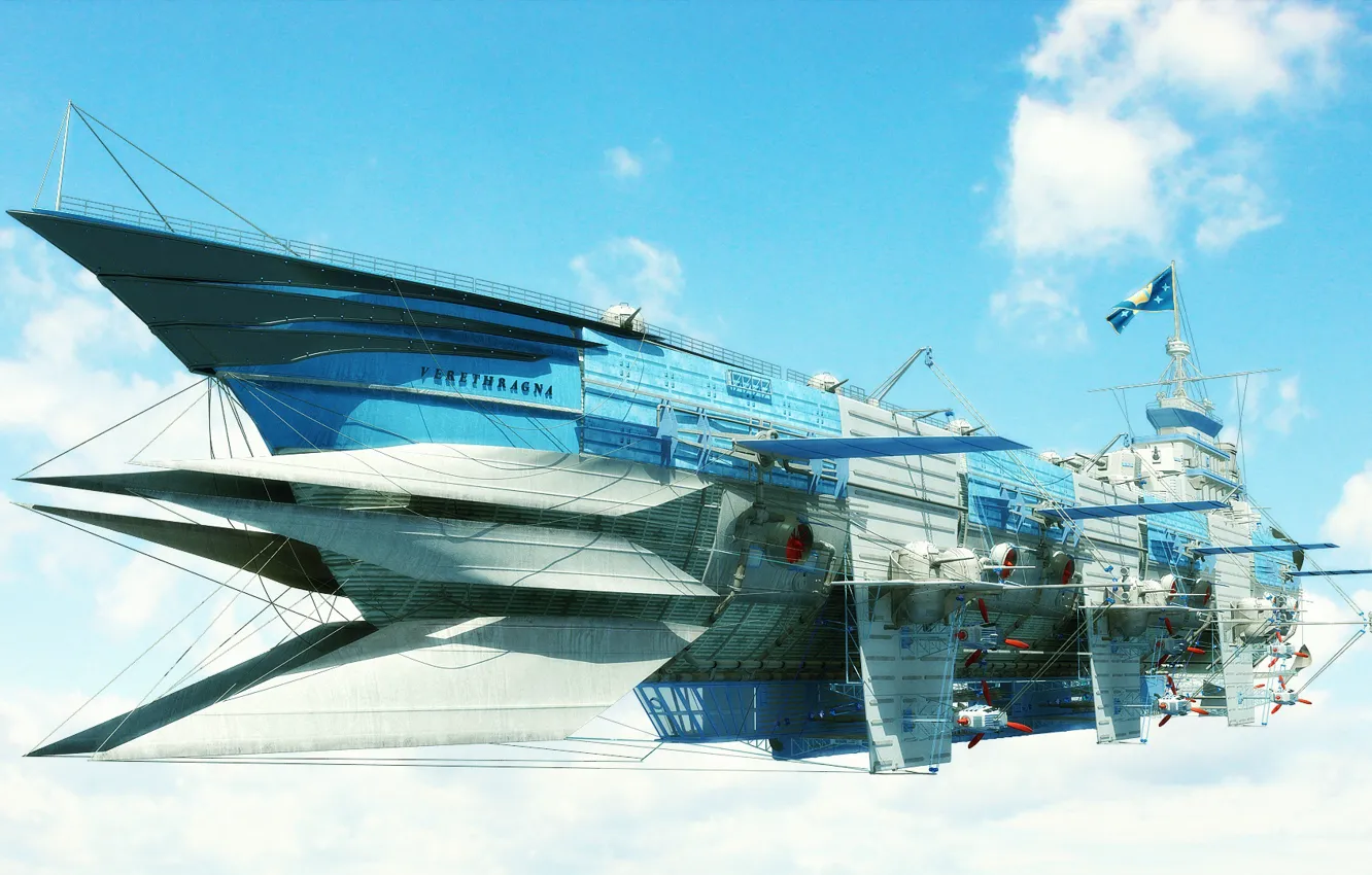Фото обои fantasy, airship, sky, aircraft, science fiction, sci-fi, flag, digital art