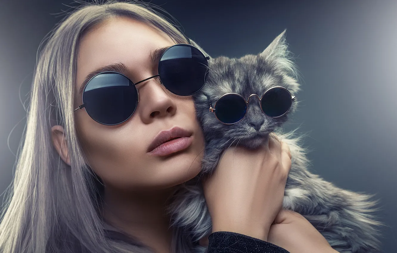 Фото обои кошка, кот, девушка, лицо, стиль, фон, очки, Андрей Бортников