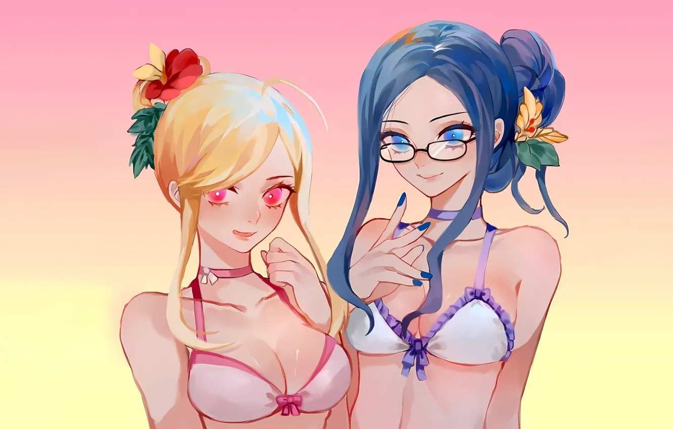 Фото обои sexy, lingerie, bra, cleavage, long hair, girls, boobs, anime