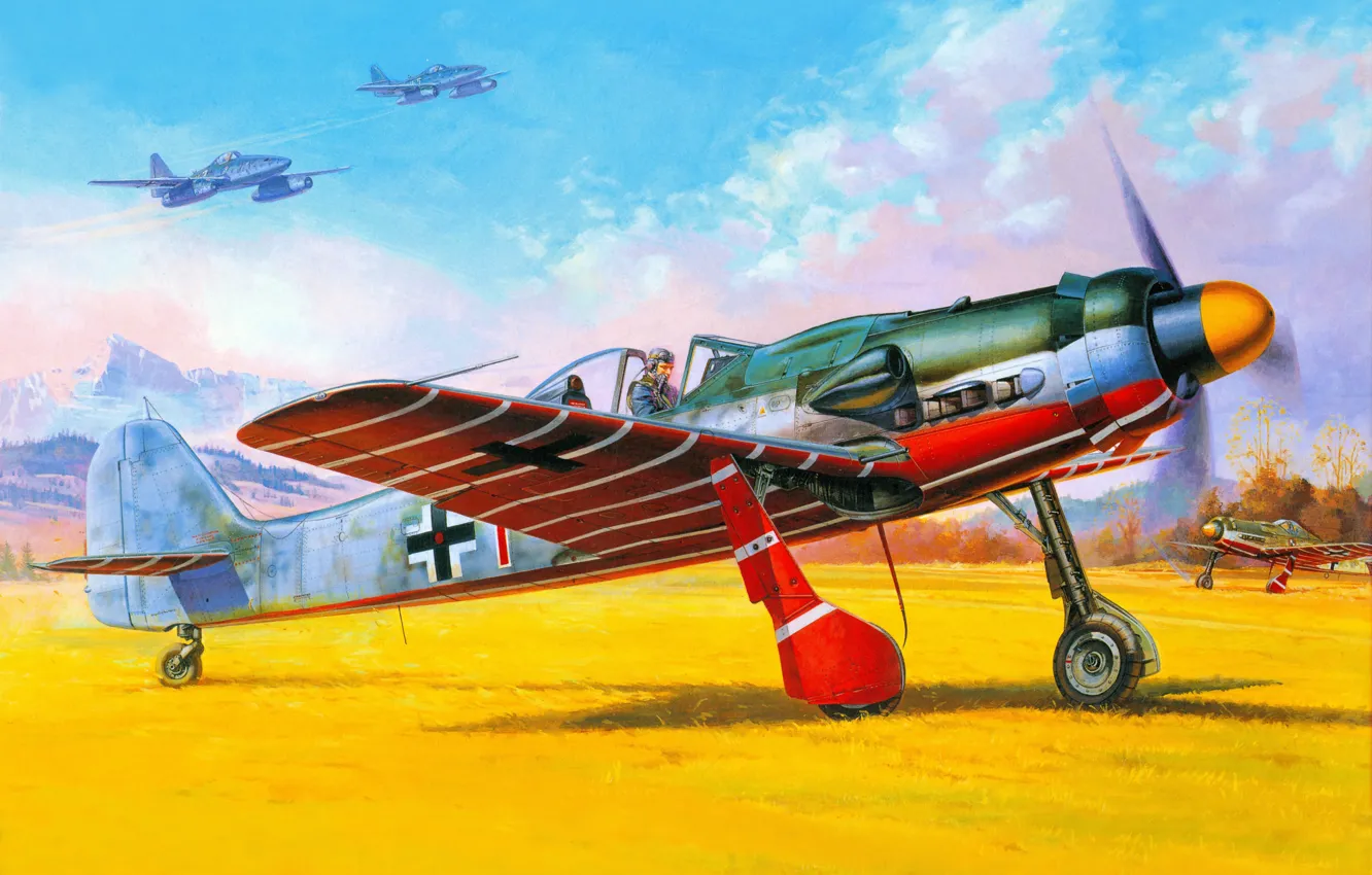 Фото обои горы, рисунок, арт, аэродром, Messerschmitt, самолёты, реактивные, истребители-бомбардировщики