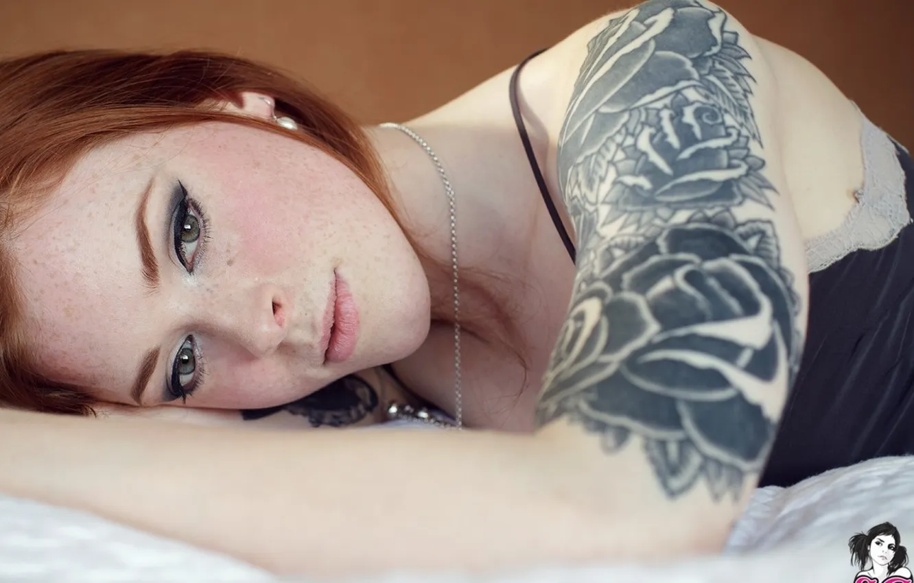 Фото обои девушка, тату, рыжая, suicide girls, anna lee