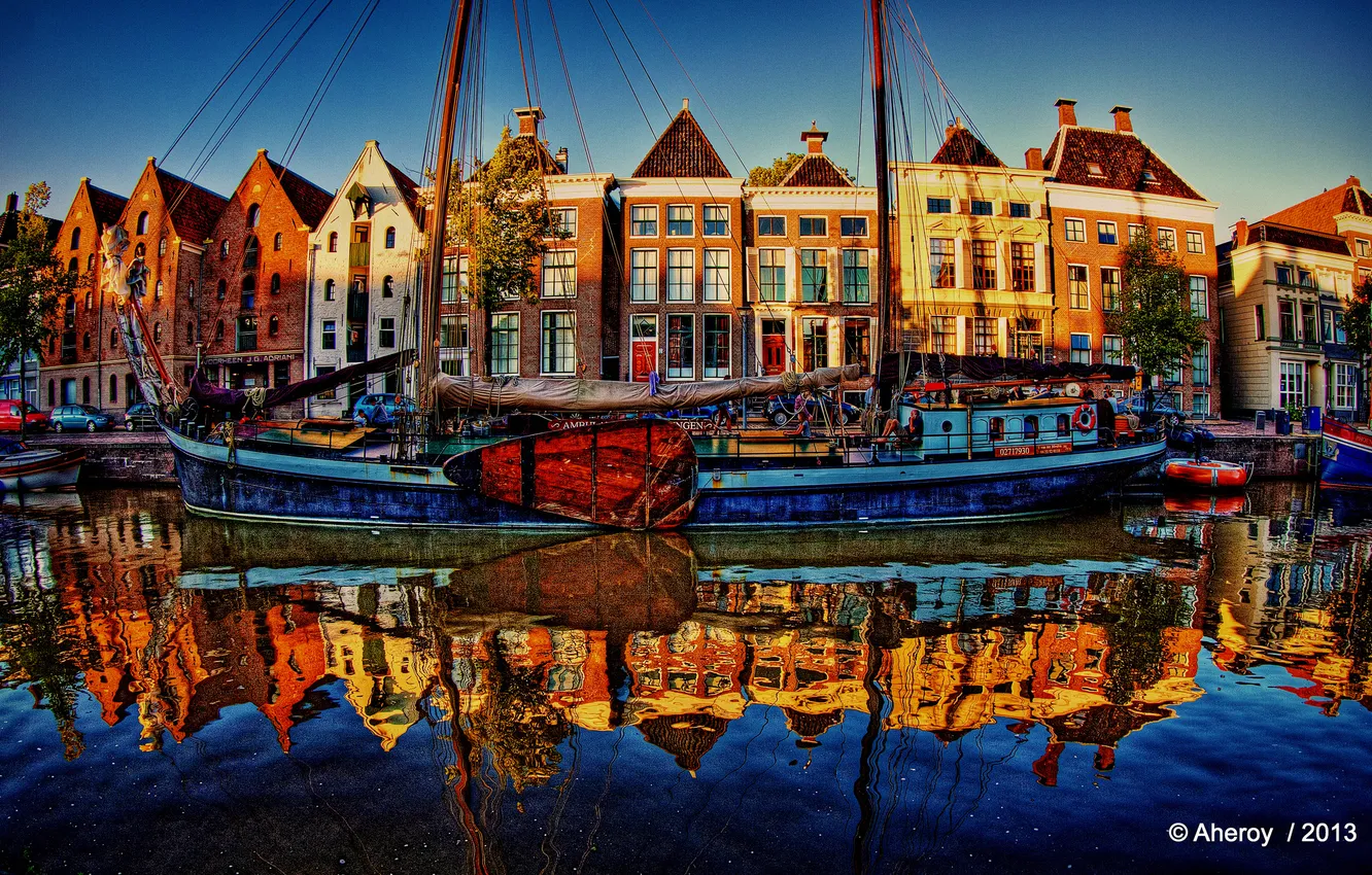 Фото обои река, HDR, парусник, Нидерланды, набережная, Netherlands, Groningen, Гронинген