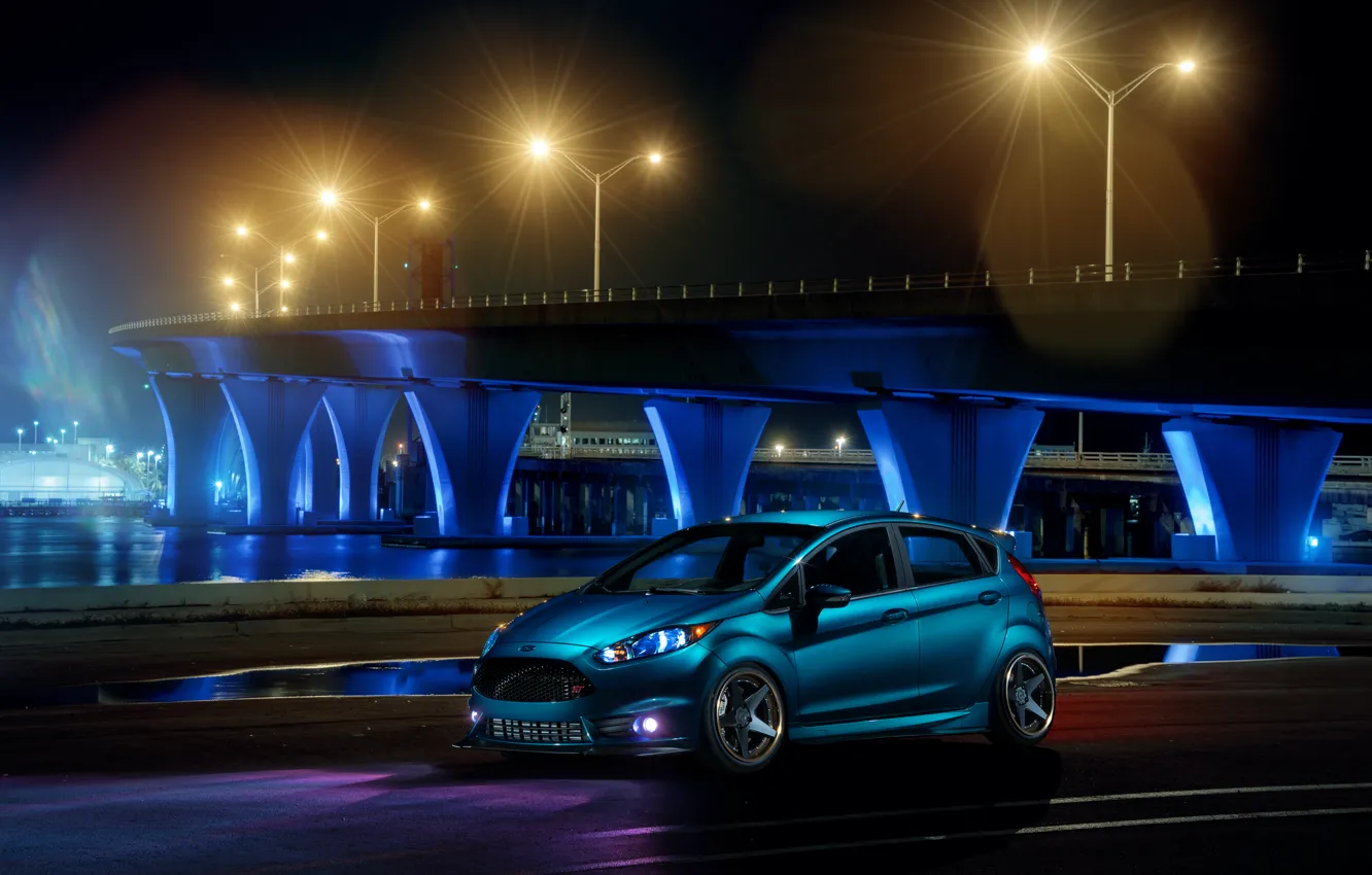 Фото обои Ford, Blue, Front, Bridge, Night, Fiesta, Wheels, ADV.1