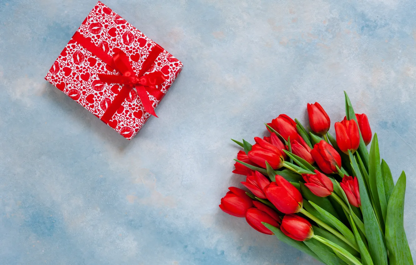 Фото обои подарок, букет, лента, тюльпаны, красные, Ellygri