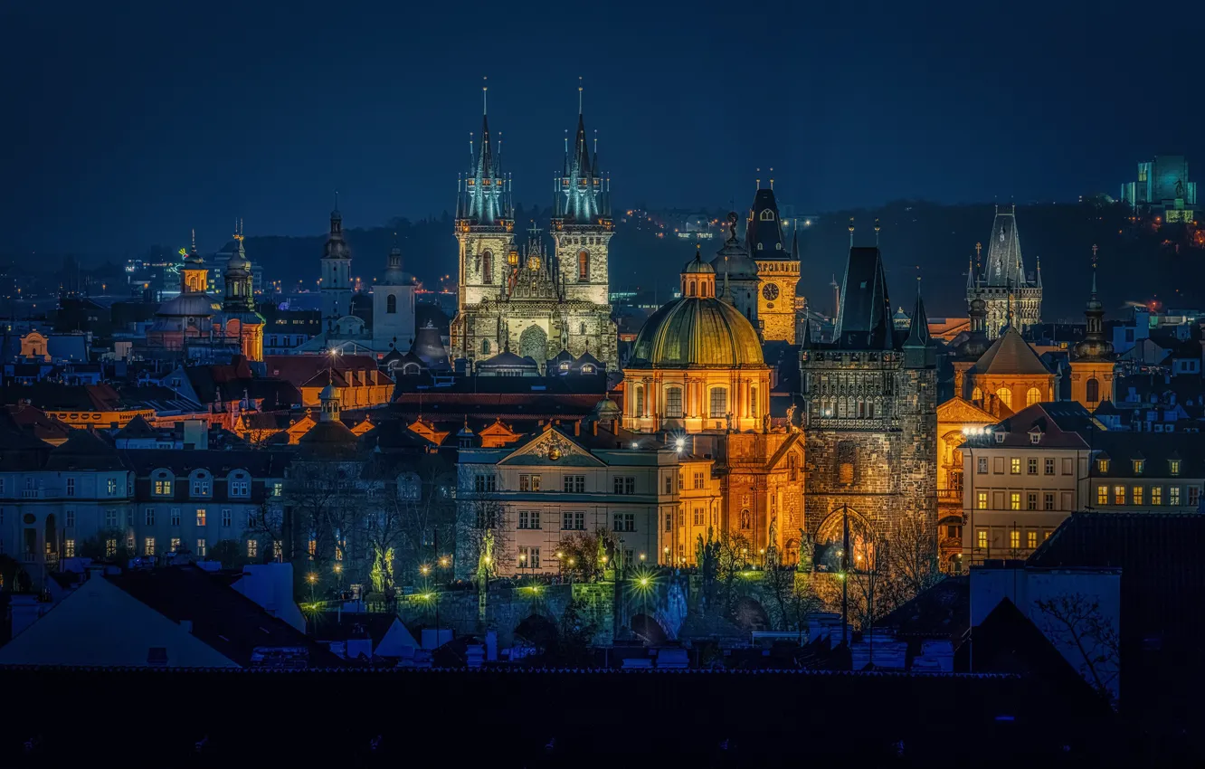 Фото обои здания, дома, Прага, Чехия, башни, ночной город, Prague, Czech Republic