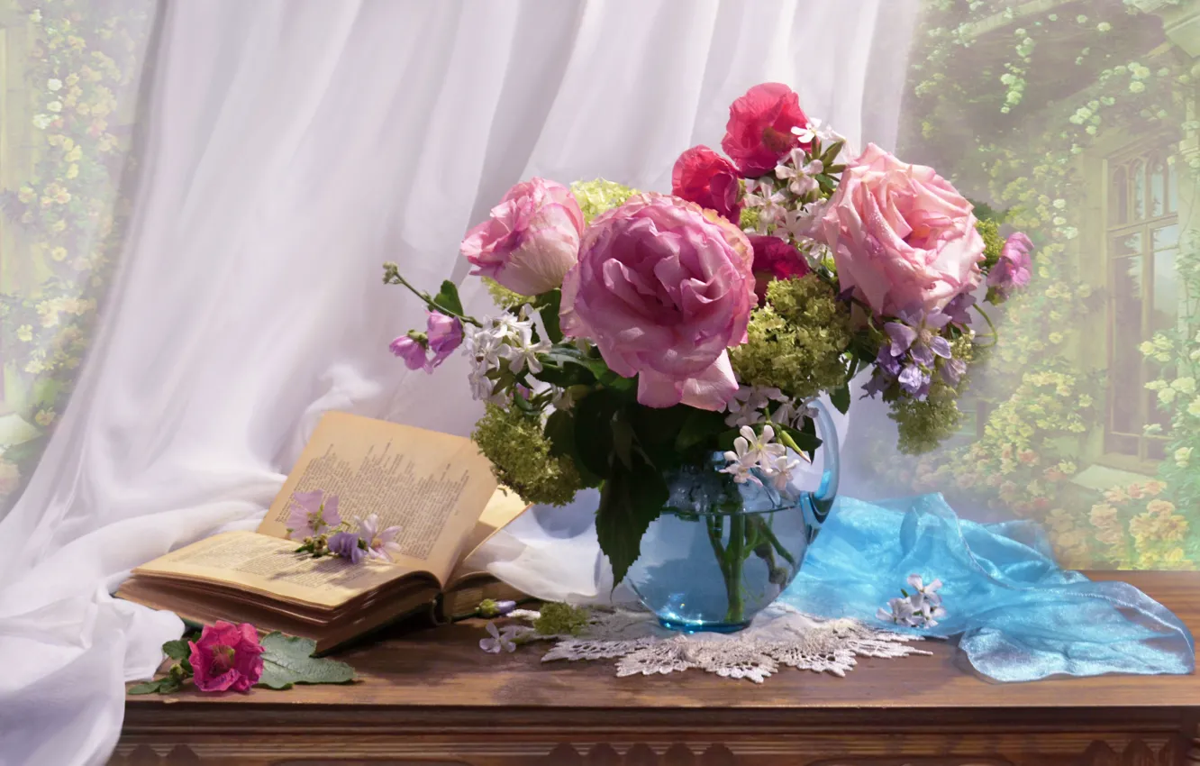 Фото обои цветы, розы, букет, ткань, книга, кувшин, натюрморт, салфетка