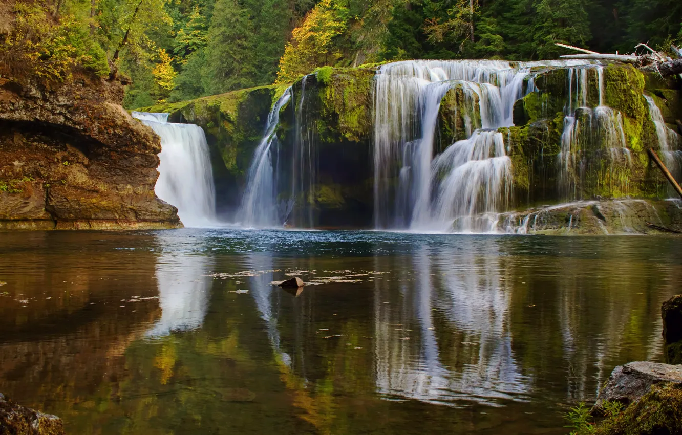 Фото обои осень, лес, озеро, водопад, каскад