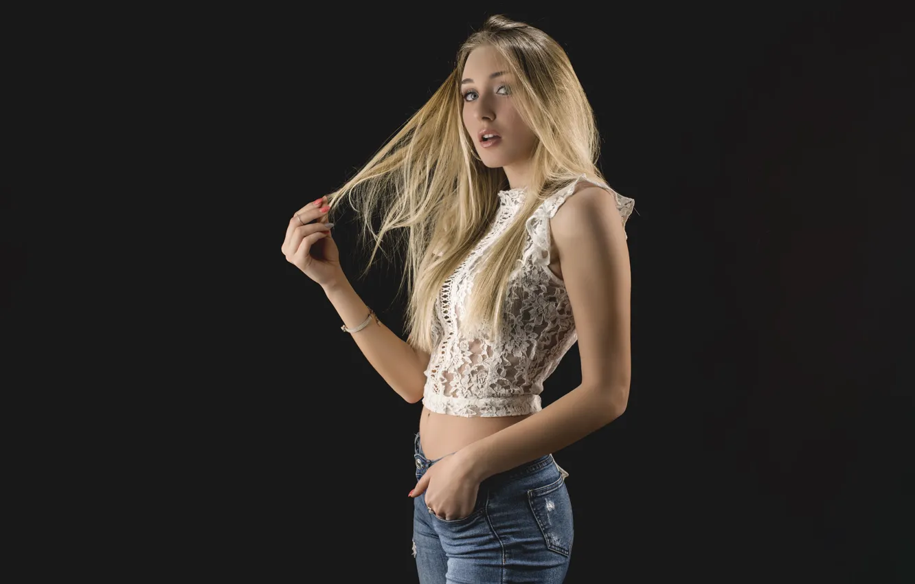 Фото обои beautiful, pretty, jeans, blonde, attractive, handsome, lace blouse