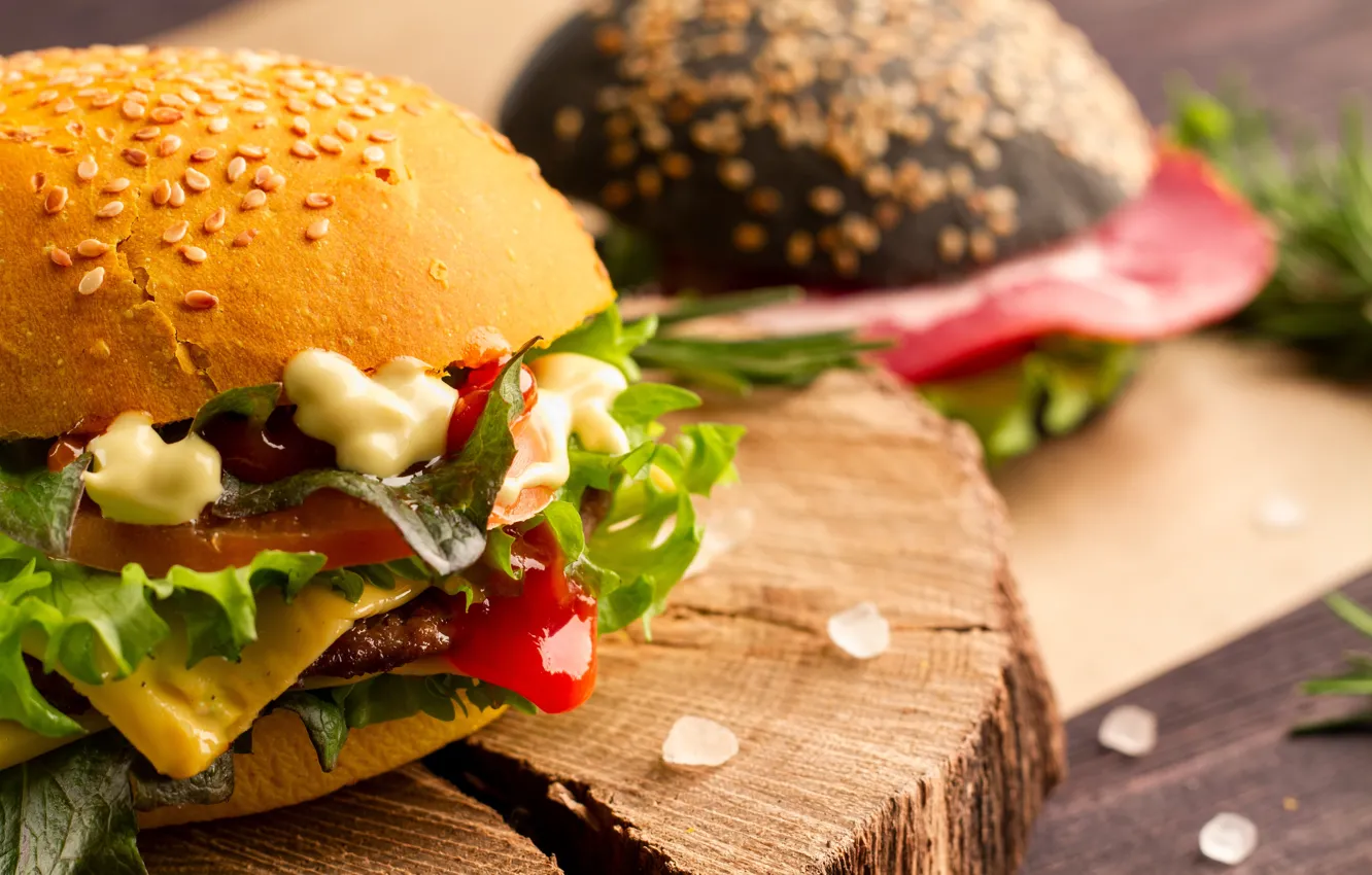 Фото обои гамбургеры, бутерброды, фаст-фуд, разделочная доска, fastfood