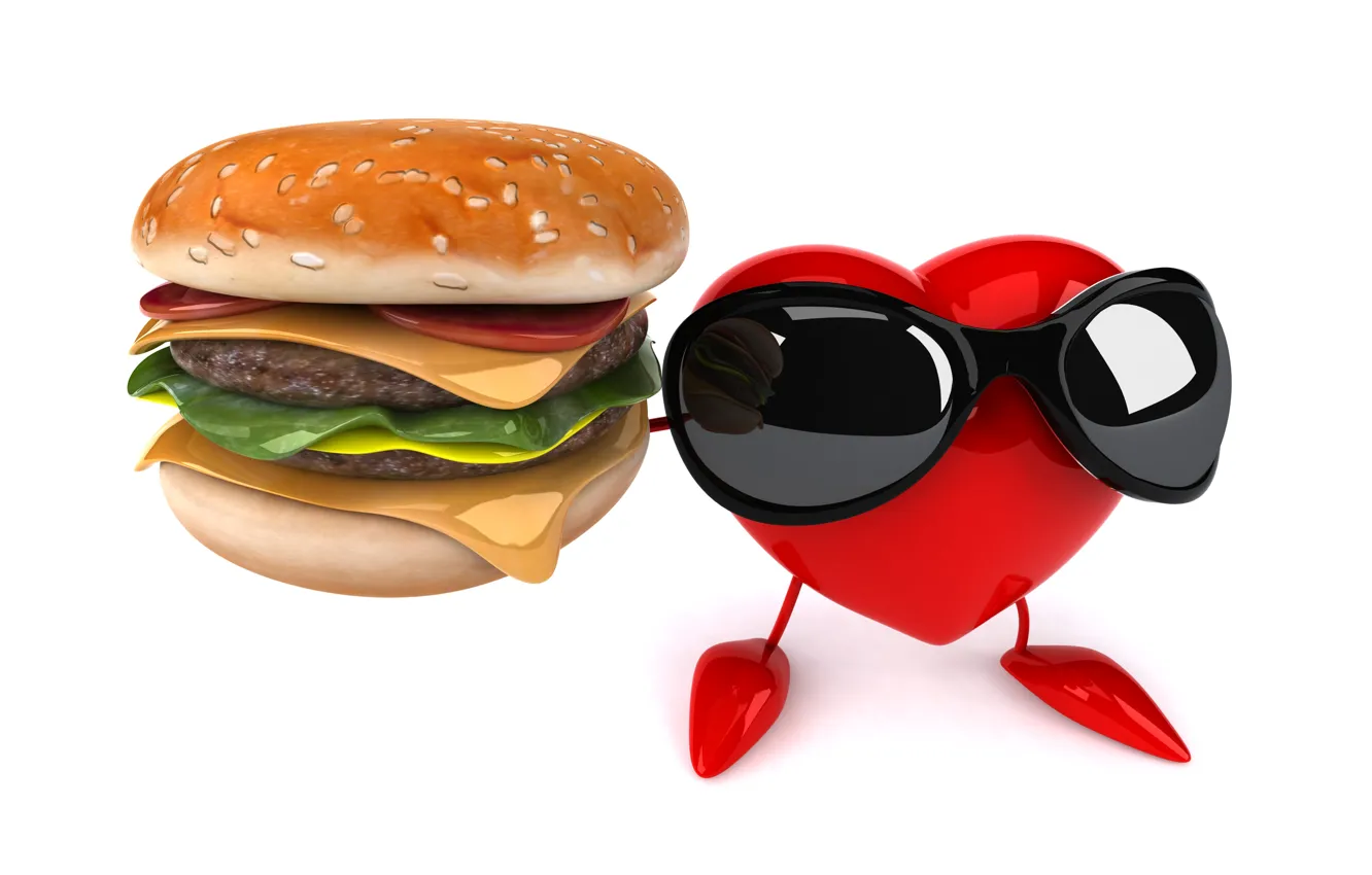 Фото обои сердце, heart, чизбургер, funny, rendering, hamburger, sunglasses, 3D Art