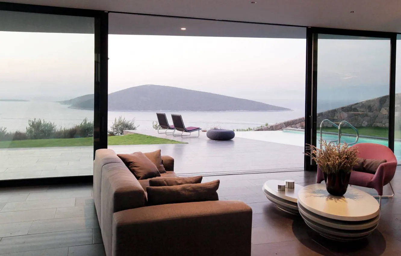 Фото обои интерьер, бассейн, вид на море, терраса, гостиная, House in Turkey