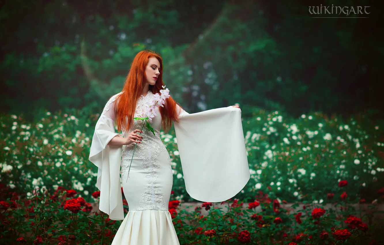 Фото обои девушка, цветы, природа, стиль, макияж, сад, костюм, наряд