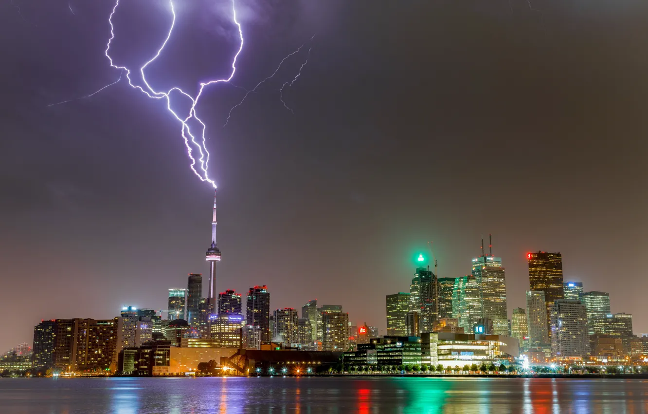 Фото обои огни, молния, башня, Канада, панорама, Торонто