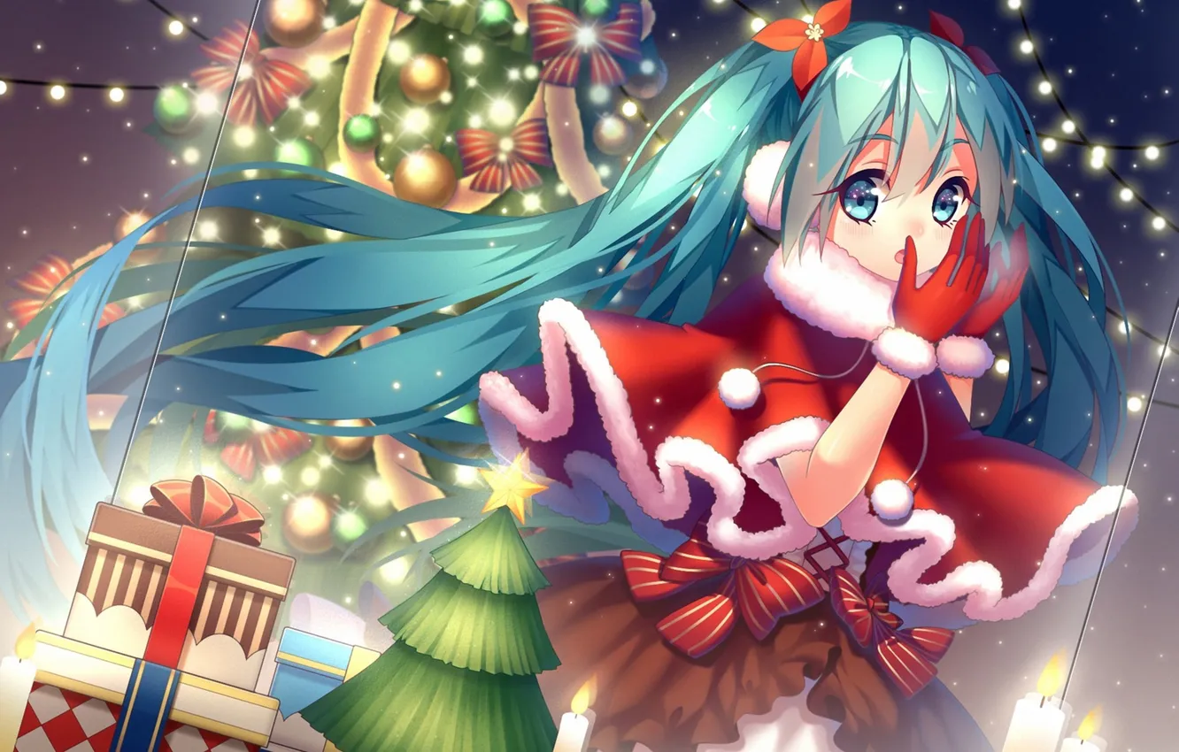 Фото обои холод, зима, девушка, новый год, арт, подарки, vocaloid, hatsune miku
