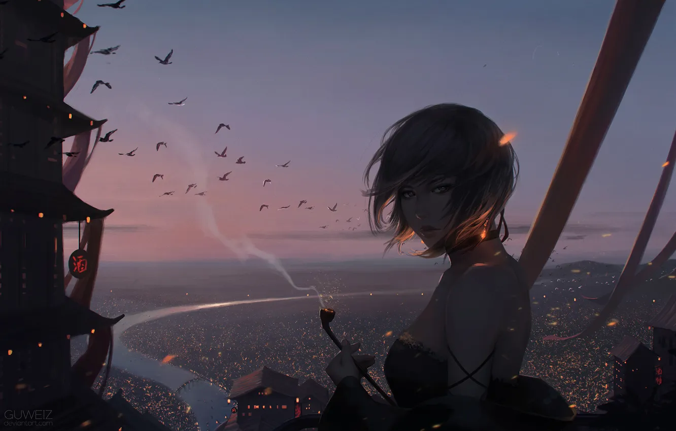 Фото обои небо, девушка, закат, птицы, город, дым, трубка, аниме