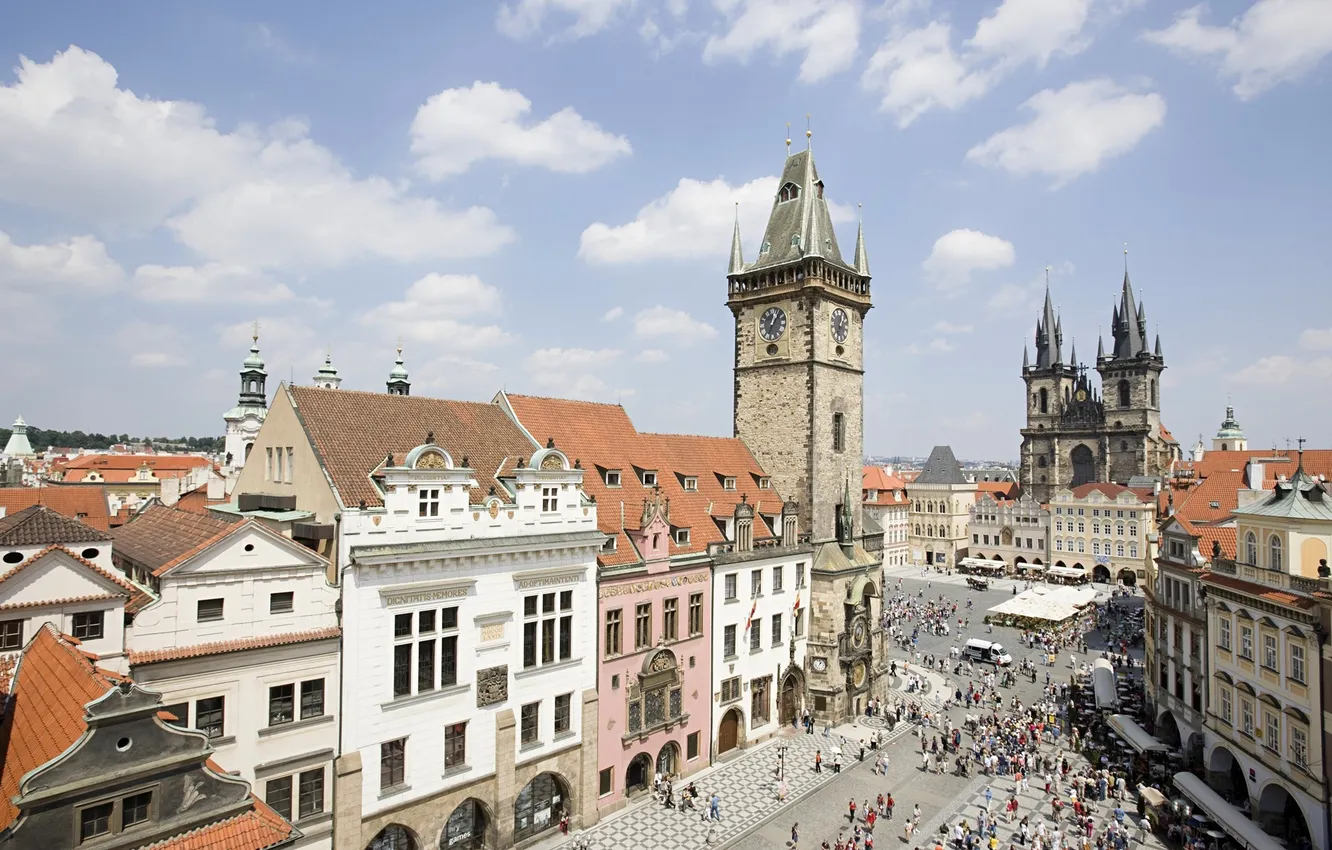 Фото обои часы, башня, дома, Прага, Чехия