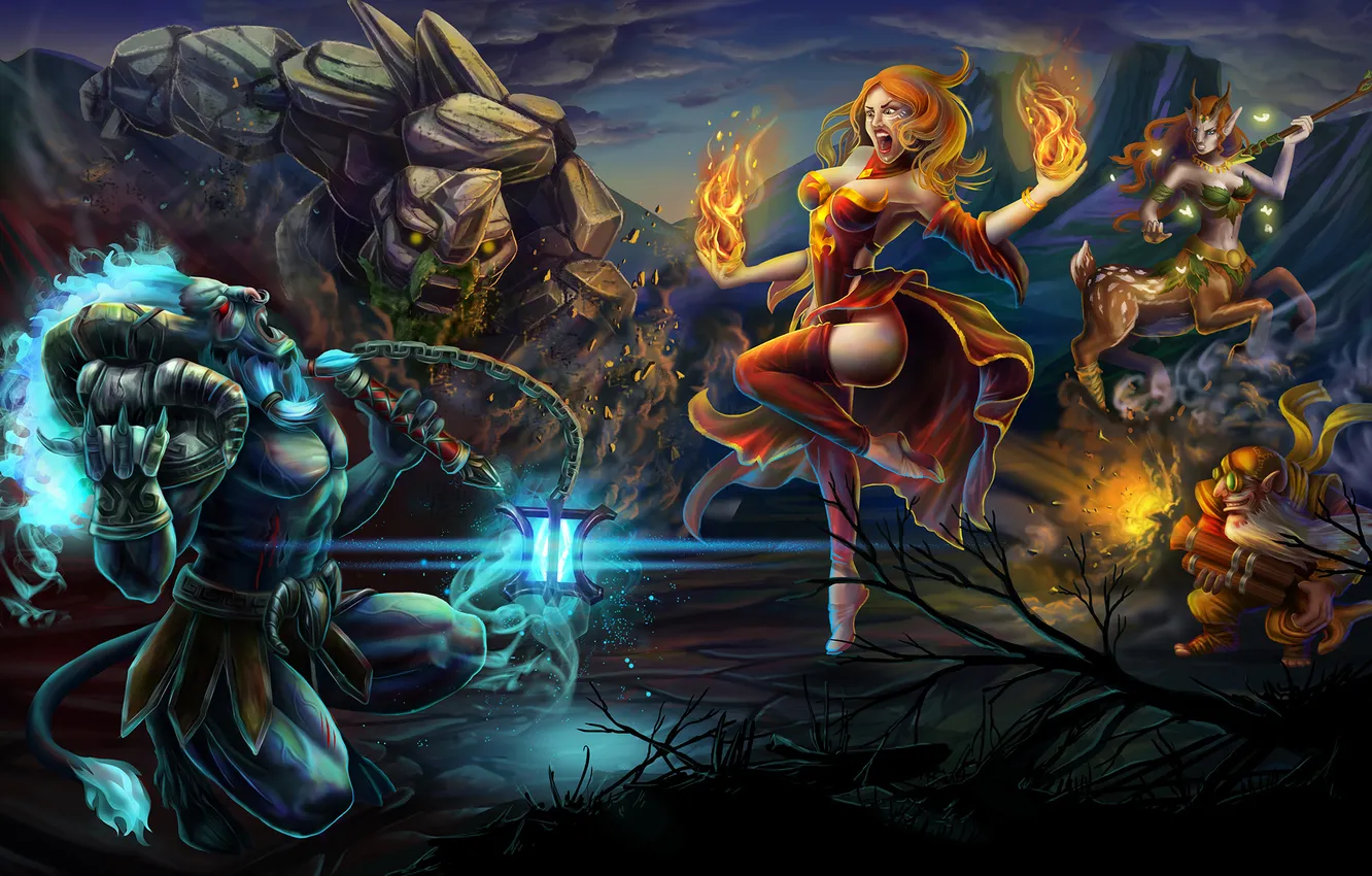 Фото обои dota, dota 2, Sniper, lina, tiny, Spirit Breaker, Enchantress