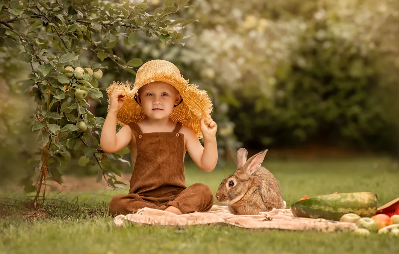 Фото обои поляна, заяц, девочка, Елена Чернигина