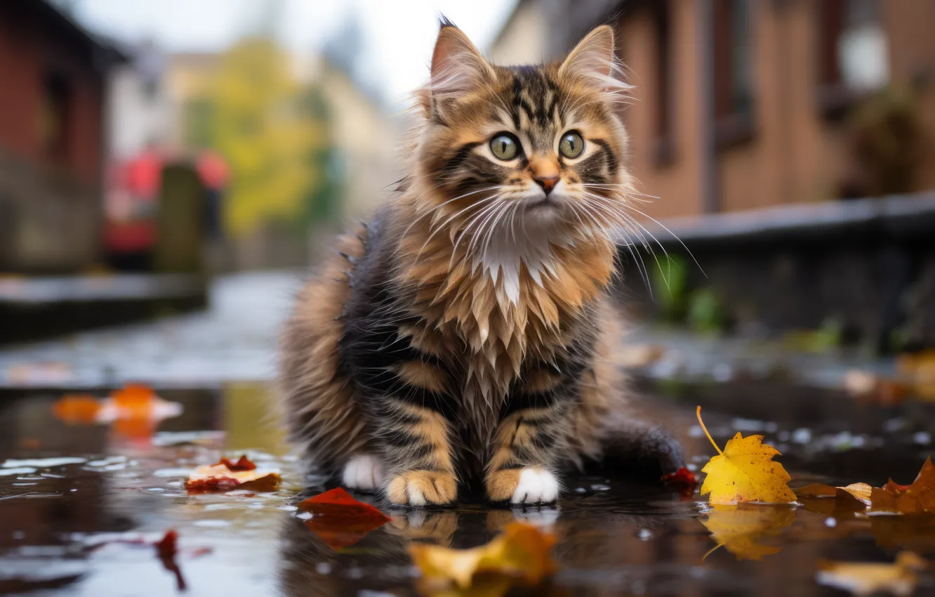 Фото обои дорога, осень, кошка, взгляд, вода, город, поза, котенок