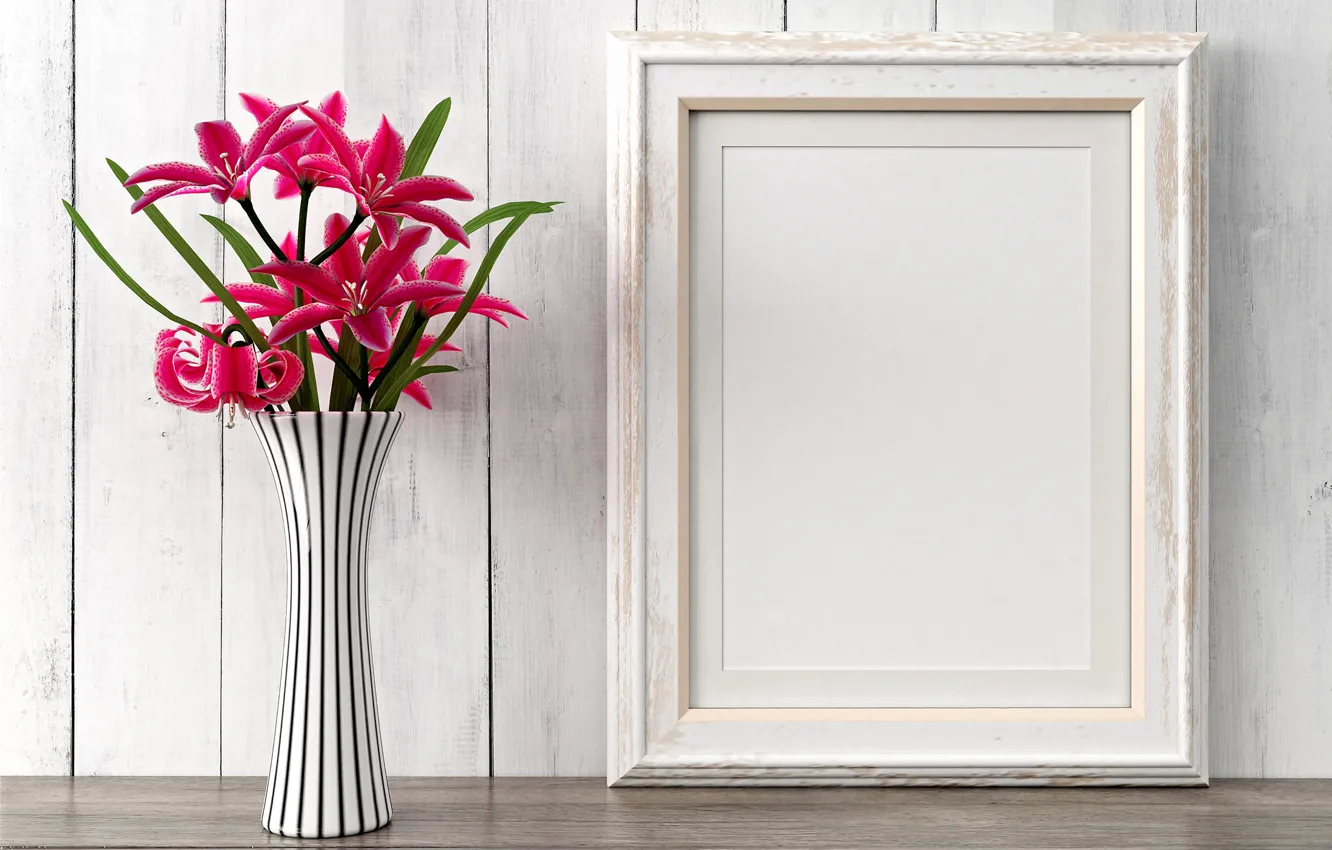 Фото обои лилии, рамка, ваза