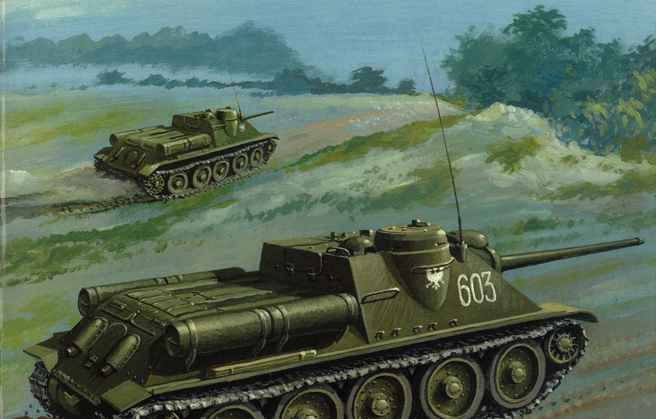 Фото обои Арт, САУ, Самоходная артиллерийская установка, Su-85M, СУ-85М, Self-propelled gun