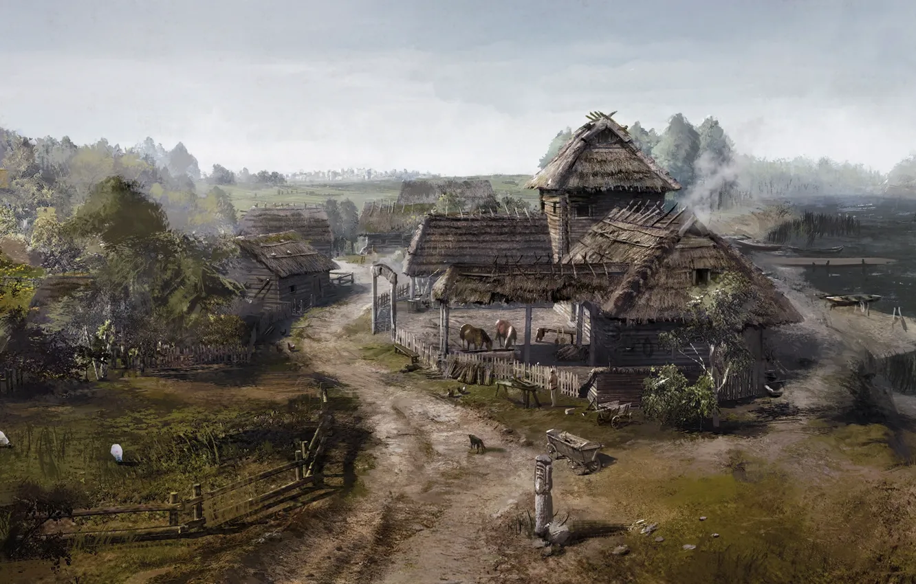 Фото обои дома, деревня, арт, game, Ведьмак, The Witcher 3: Wild Hunt