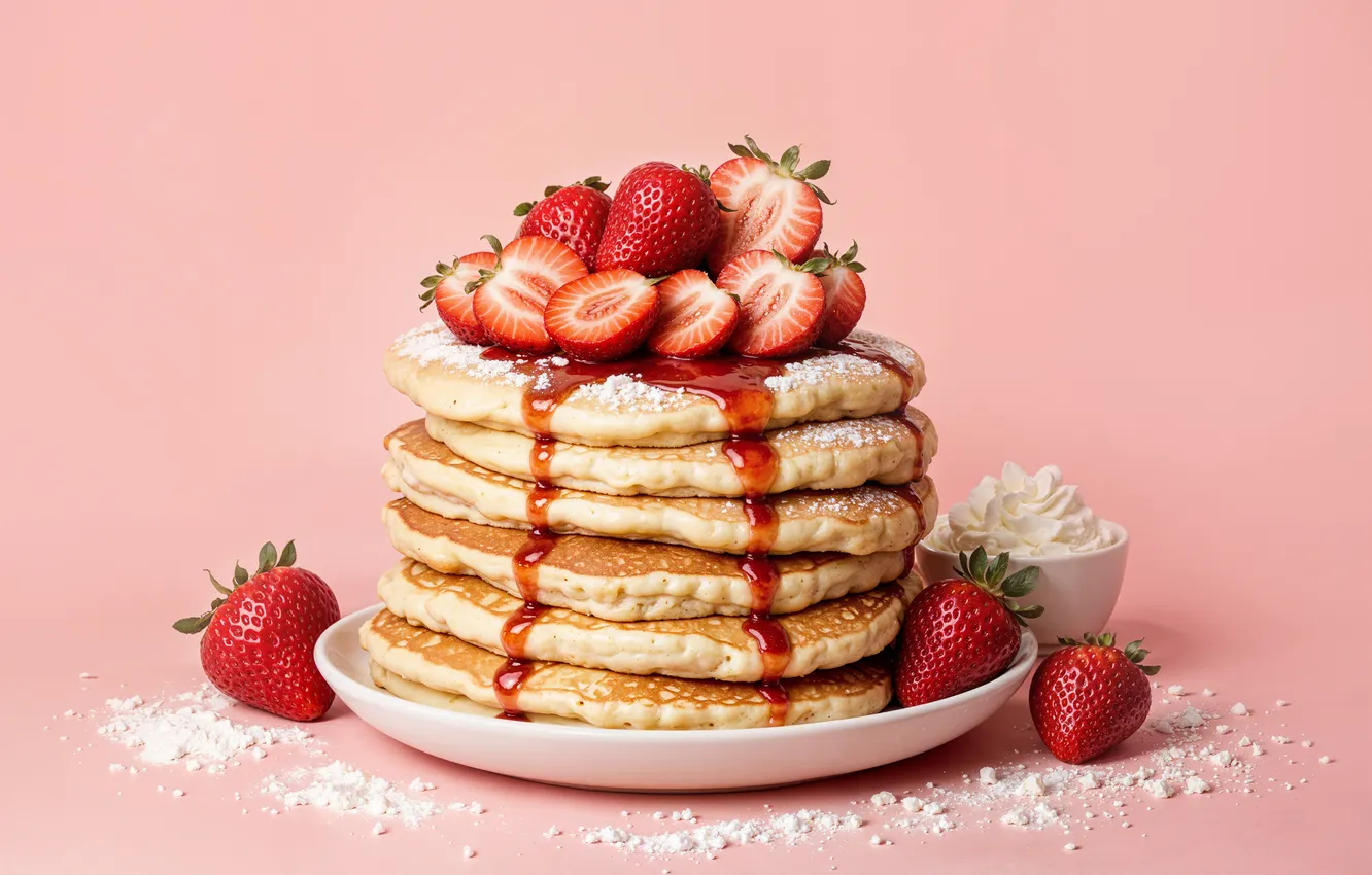 Фото обои завтрак, сливки, клубника, блины, крем, strawberry, cream, breakfast