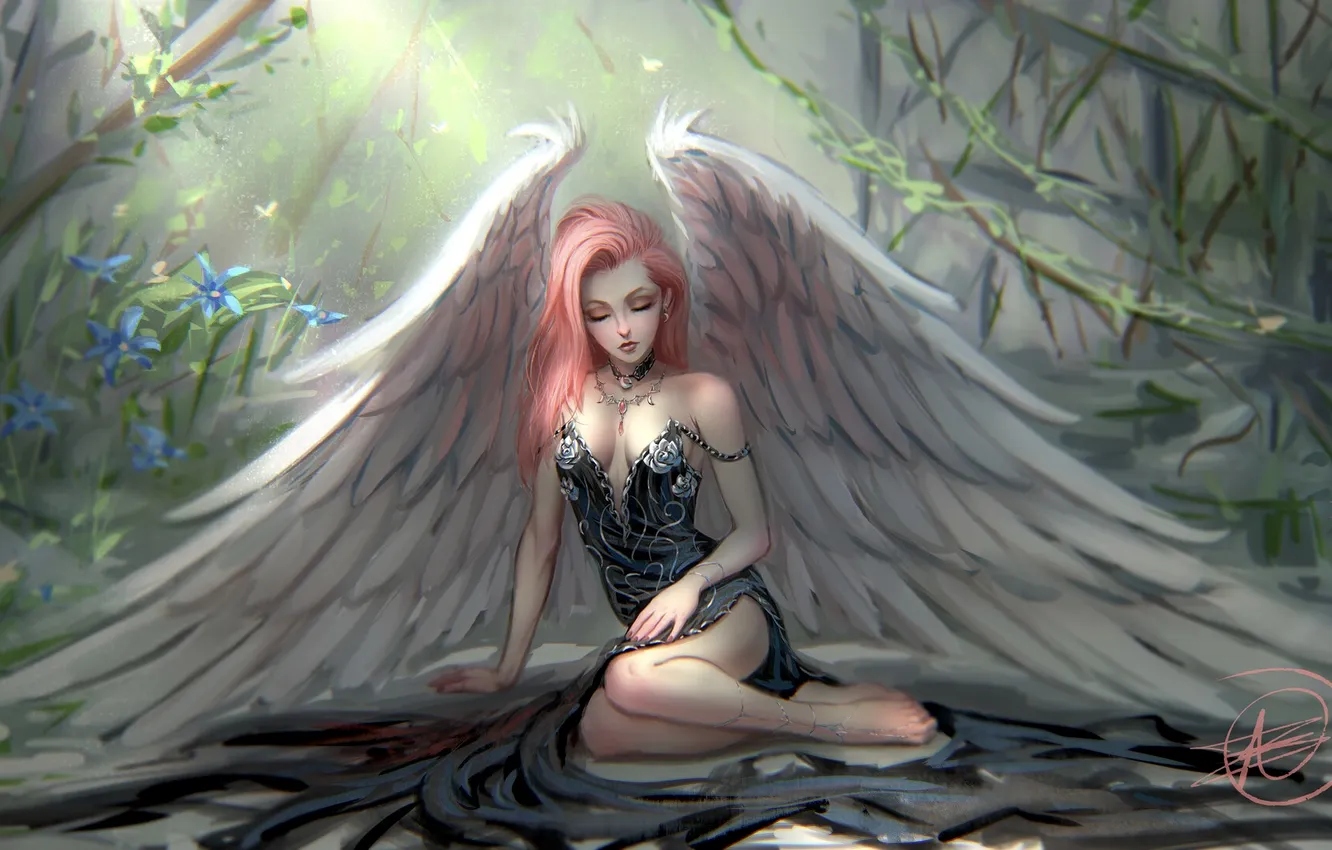 Фото обои girl, fantasy, cleavage, dress, legs, wings, barefoot, redhead