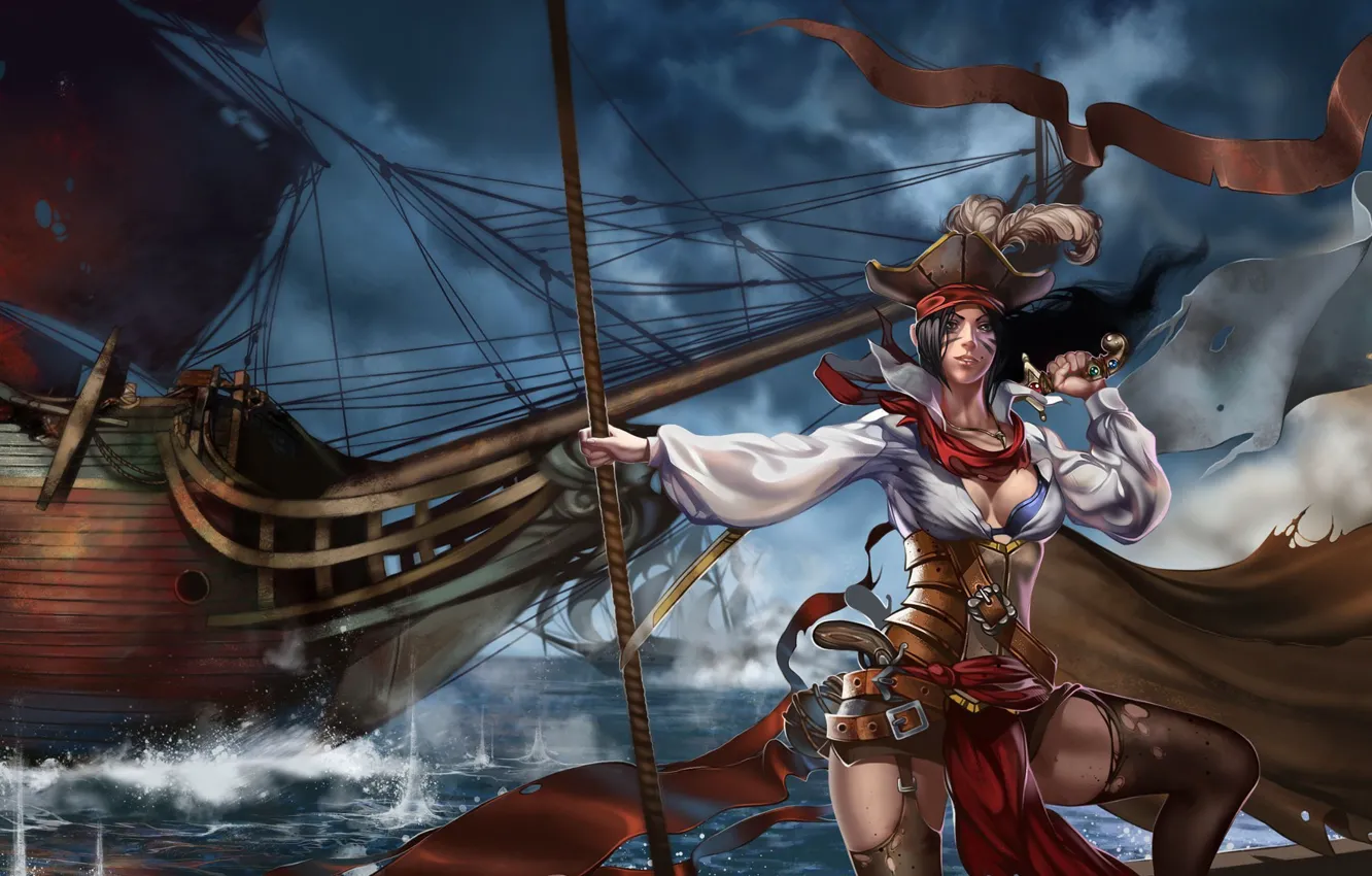 Фото обои море, девушка, оружие, ветер, корабль, парусник, арт, пиратка