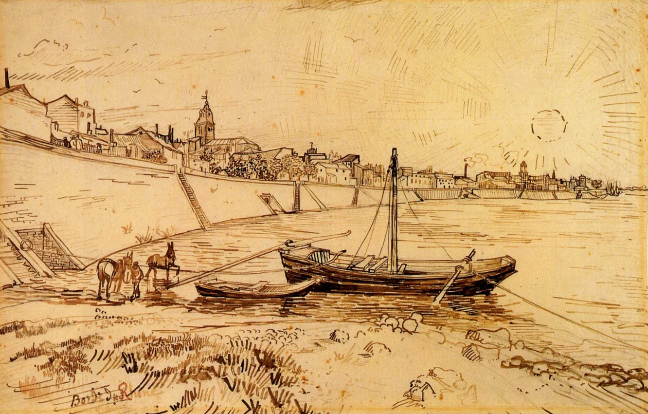 Фото обои Drawings, Винсент ван Гог, Bank of the Rhone at Arles