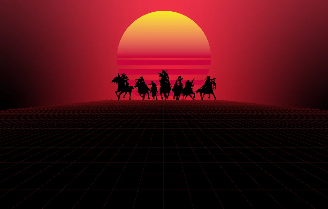 Фото обои red, western, horse, cowboys, video games, simple background, Red Dead Redemption 2, Synthwave