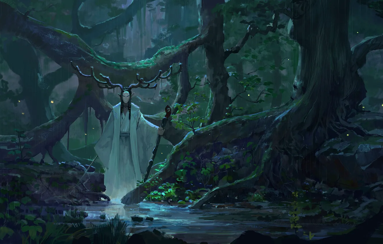Фото обои sword, fantasy, forest, rain, horns, trees, weapon, digital art