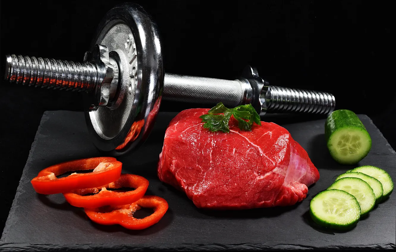 Фото обои meat, vegetables, dumbbell, healthy life