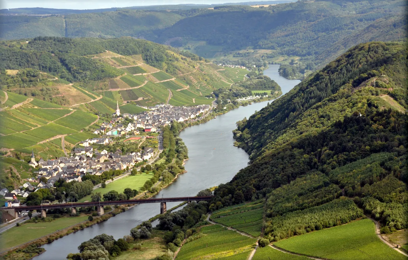 Фото обои мост, город, река, гора, дома, Германия, горизонт, сверху