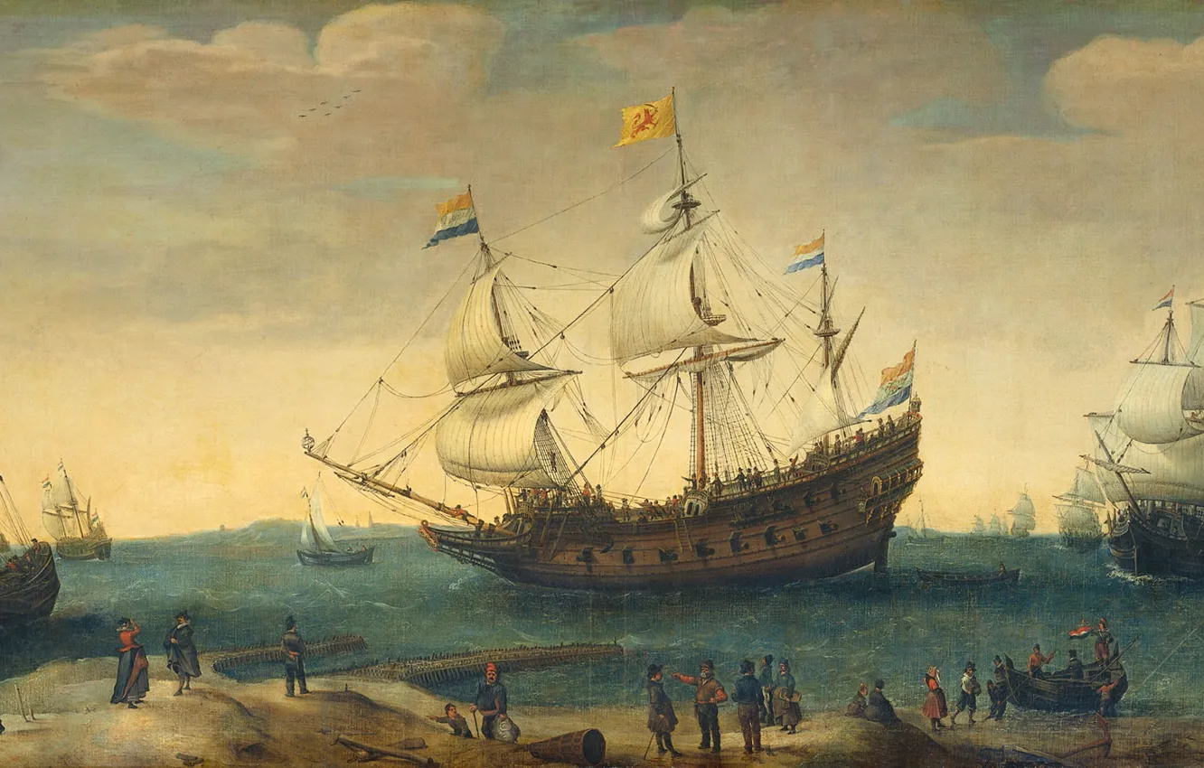 Фото обои масло, картина, холст, 1630, Hendrik Cornelisz Vroom, Хендрик Корнелис Врум, в центре корабль 'Маврикий', Ост-Индские …