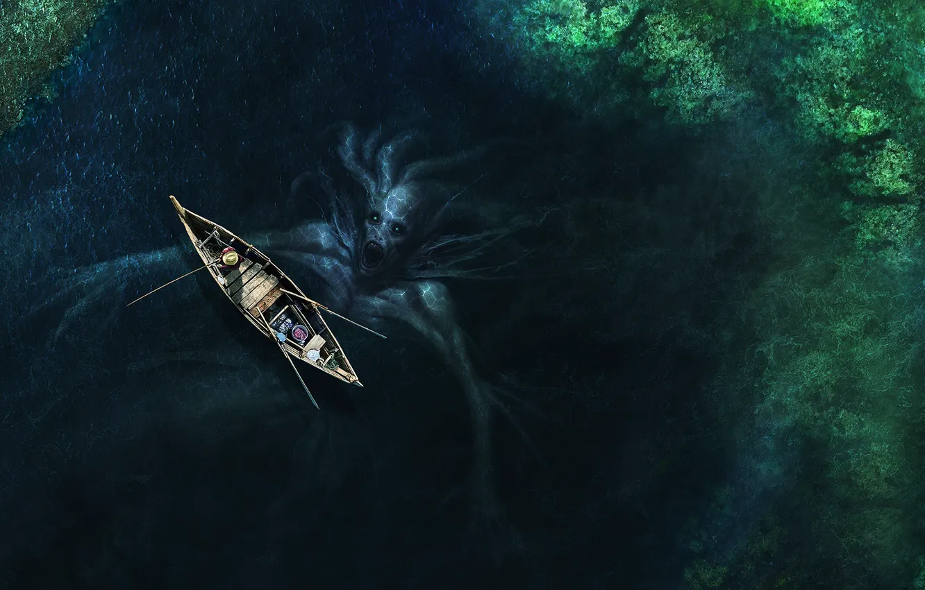 Фото обои вода, лодка, монстр, рыбак, Существо