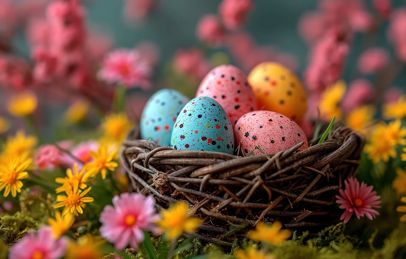 Фото обои цветы, яйца, весна, colorful, Пасха, happy, flowers, spring