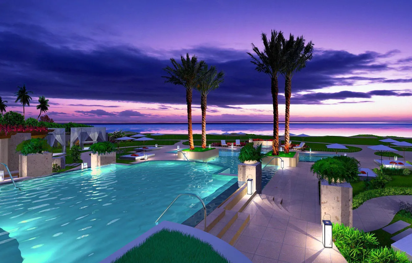 Фото обои пальмы, океан, вечер, бассейн, курорт
