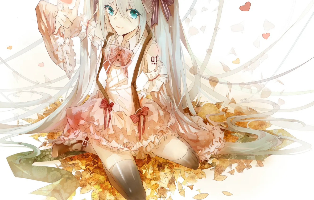 Фото обои листья, платье, голубые глаза, vocaloid, бант, Hatsune Miku, длинные волосы, вокалоид