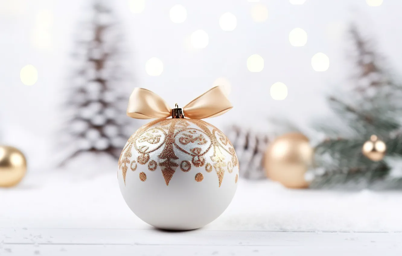 Фото обои зима, снег, украшения, шары, Новый Год, Рождество, golden, new year