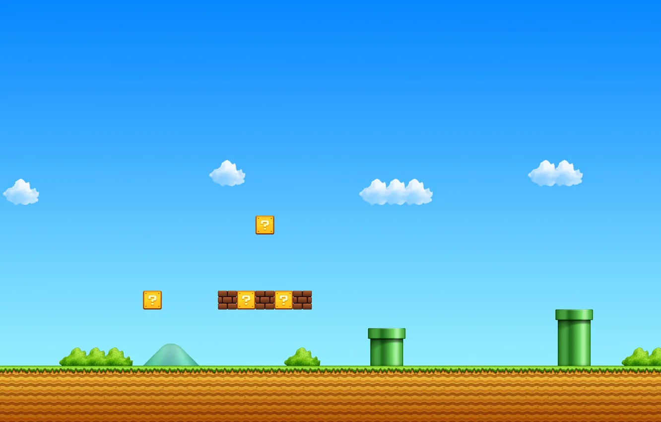 Фото обои bricks, mountains, clouds, classic, blue sky, arcade, Mario Bros, pipes