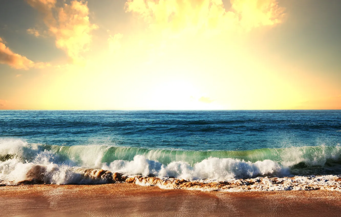 Фото обои песок, море, волны, пляж, небо, пейзаж