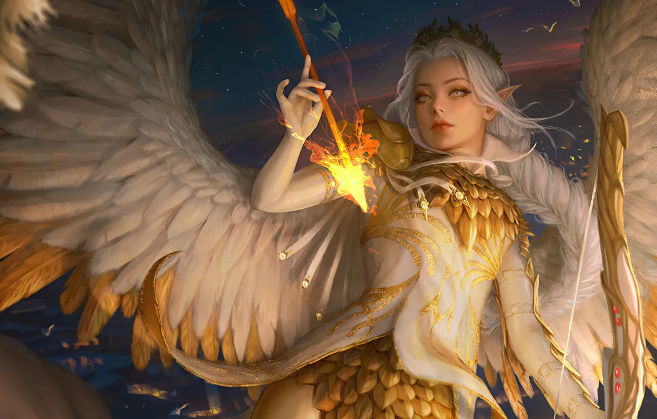 Фото обои эльф, позолота, диадема, в небе, angel, оперение, белые крылья, остроухая