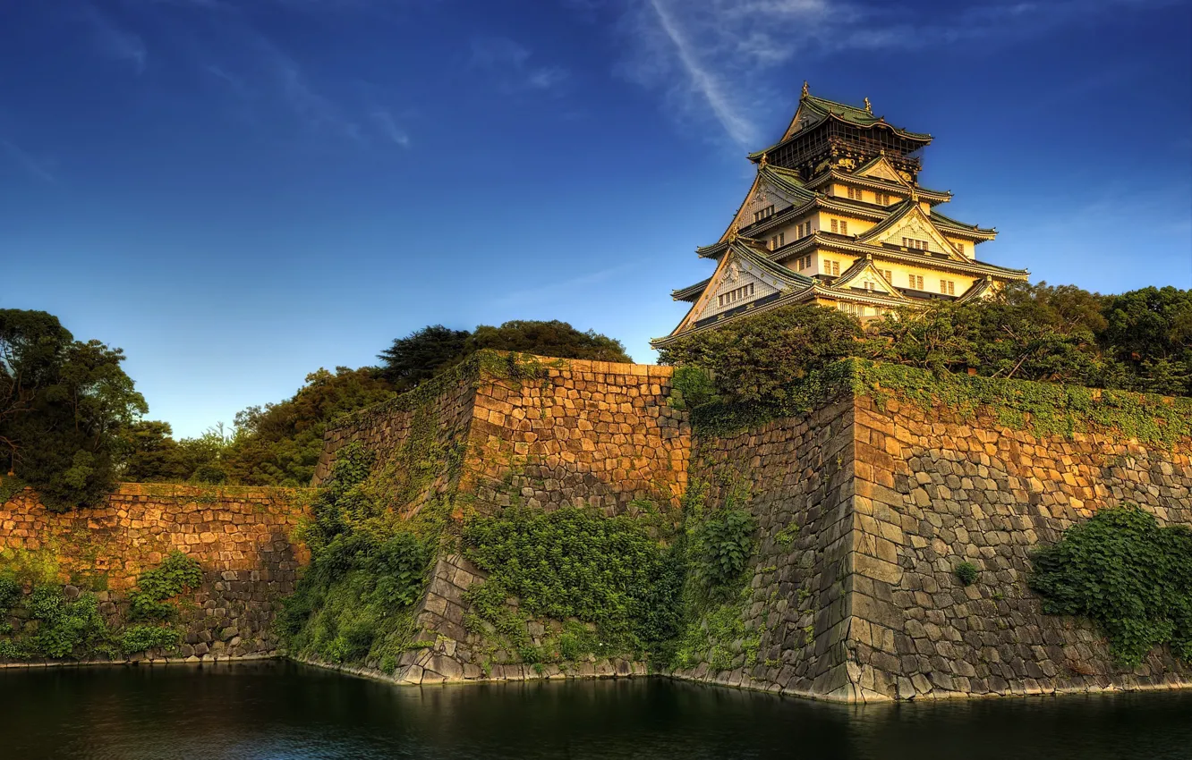 Фото обои небо, вода, деревья, Япония, Осака, ров, самурайский замок в Осаке, каменная насыпь