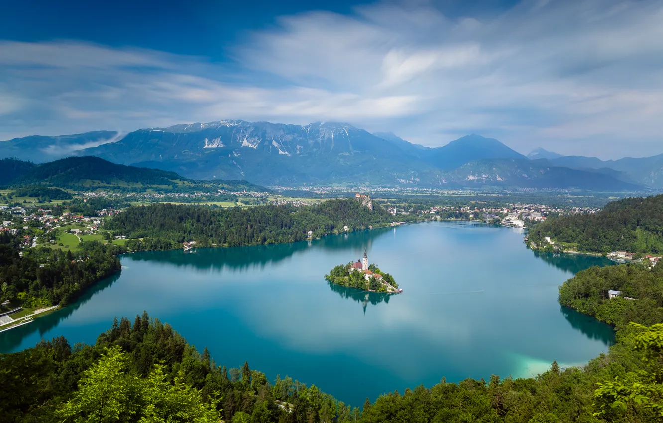 Фото обои горы, озеро, остров, церковь, панорама, Словения, Lake Bled, Slovenia
