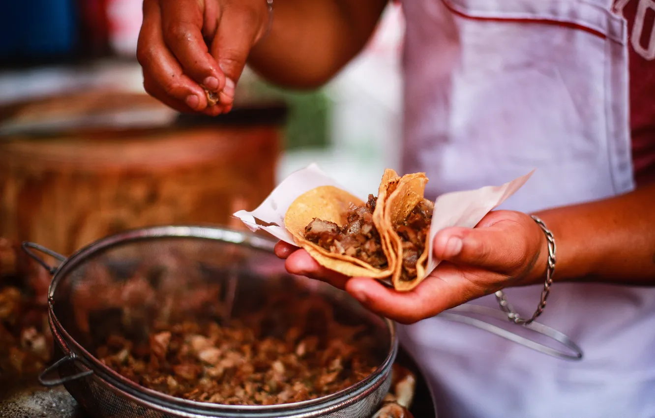 Фото обои Руки, Meat, Мясо, Мексиканская кухня, Taco, Mexican Cuisine, Тако