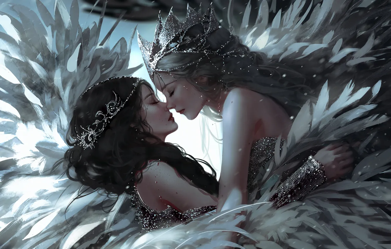 Фото обои fantasy, girls, wings, crown, angels, digital art, artwork, fantasy art