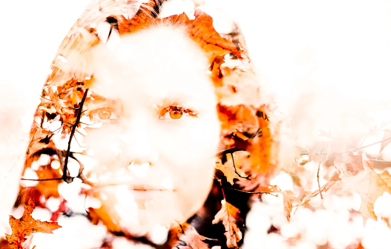 Фото обои осень, листья, портрет, Double Exposure
