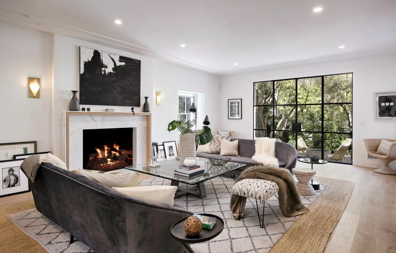 Фото обои дизайн, стиль, интерьер, камин, Лос-Анджелес, California, гостиная, Beverly Hills
